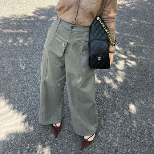 高端灰绿色大码设计感西装裤女