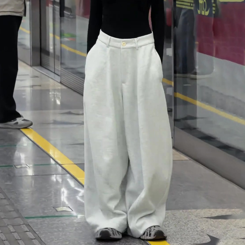 高端定制浅灰色毛呢大码阔腿裤女