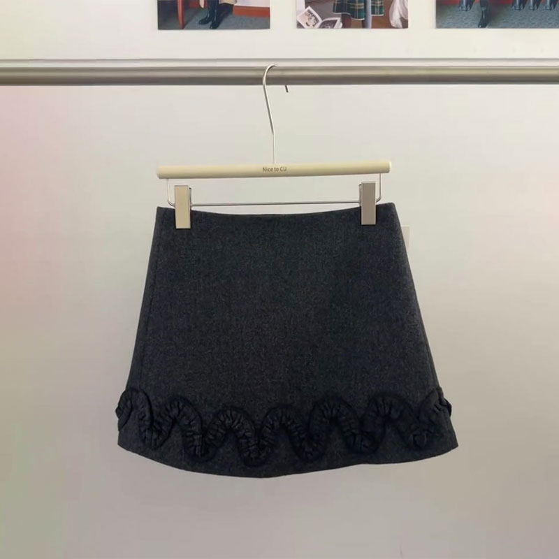 黑色木耳花边毛呢大码半身裙女