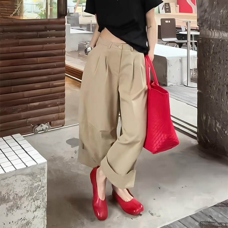 欧货正品卡其色宽松压褶大码长裤