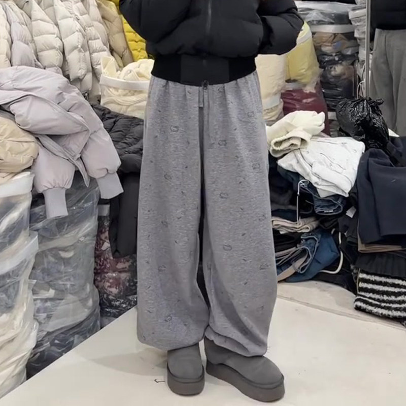 高端定制浅灰色束脚大码阔腿裤女