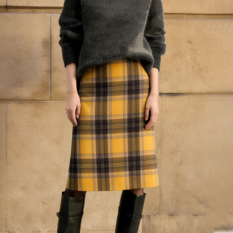 欧货高端定制黄棕色毛呢大码半身裙女2026早春新款格纹复古A字裙,女装/女士精品,大码半身裙,淘宝优惠券,粉丝福利购,淘宝优惠卷