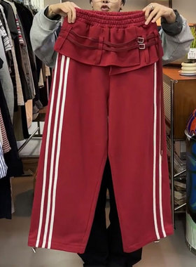 欧货高端定制红色大码阔腿裤女2025冬季新款加厚假两件小众休闲裤