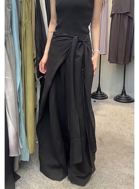 黑色绑带式设计高腰阔腿裤女2026春夏新款时尚高腰宽松休闲直筒裤