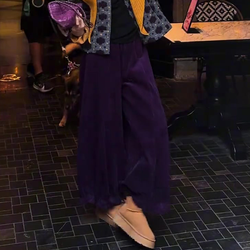欧货高端定制暗紫色灯芯绒阔腿裤