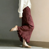 新款 高端定制深红色条纹大码 半身裙女2025冬季 加厚荷叶边A字长裙