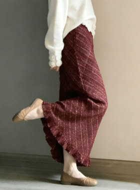 高端定制深红色条纹大码半身裙女2025冬季新款加厚荷叶边A字长裙