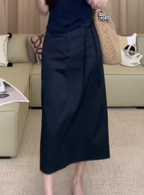 藏青色抽绳酷拽工装风开叉裙女