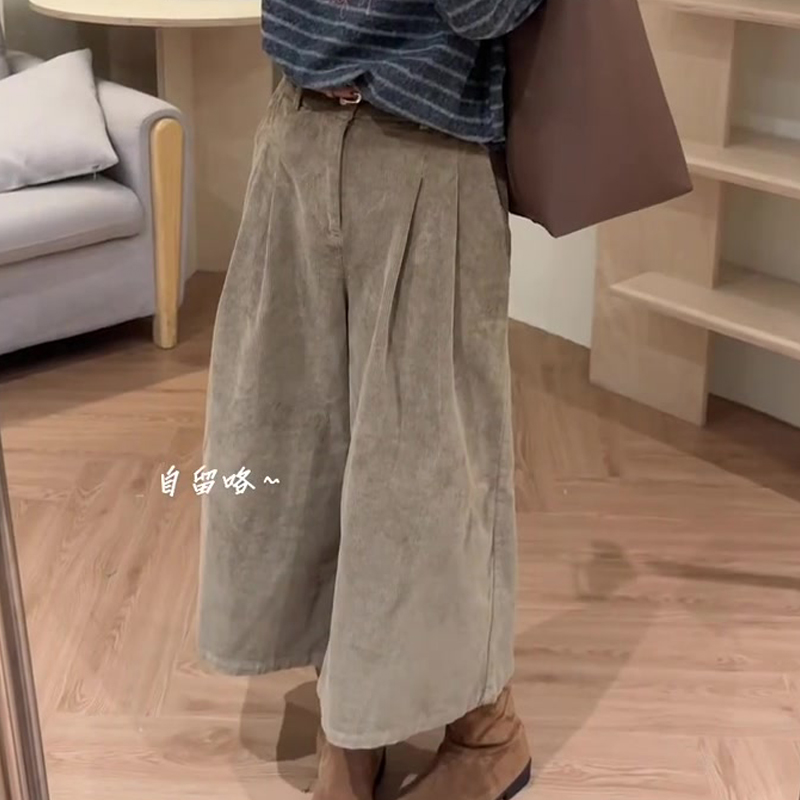 欧货高端定制浅米色灯芯绒阔腿裤