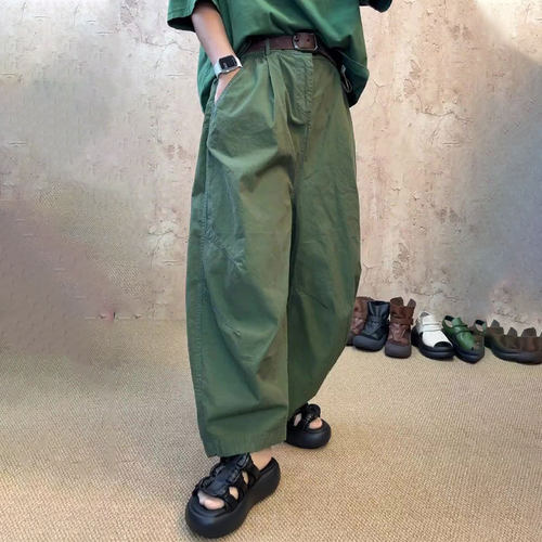 绿色大码弯刀阔腿裤女