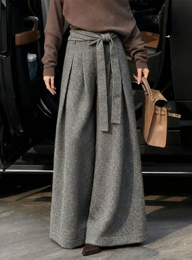 高端定制灰色毛呢大码阔腿裤女2025冬季新款加厚慵懒风绑带休闲裤