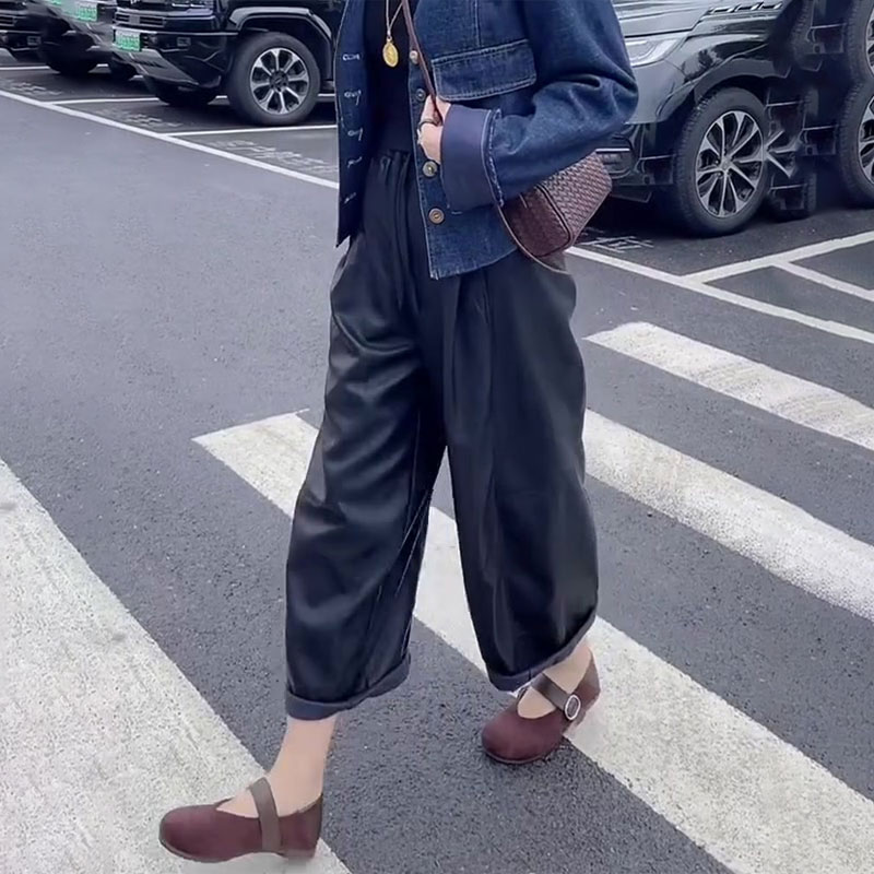欧货高端黑色大码阔腿八分皮裤女