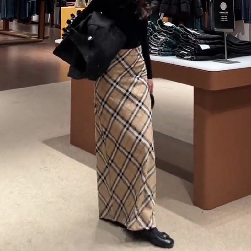 高端定制黄色毛呢大码格纹半身裙