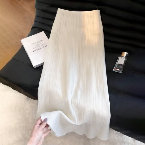 高端定制米白色大码褶皱半身裙女