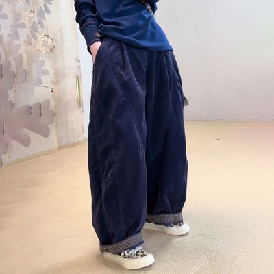 欧货高端定制蓝色棉麻大码阔腿裤