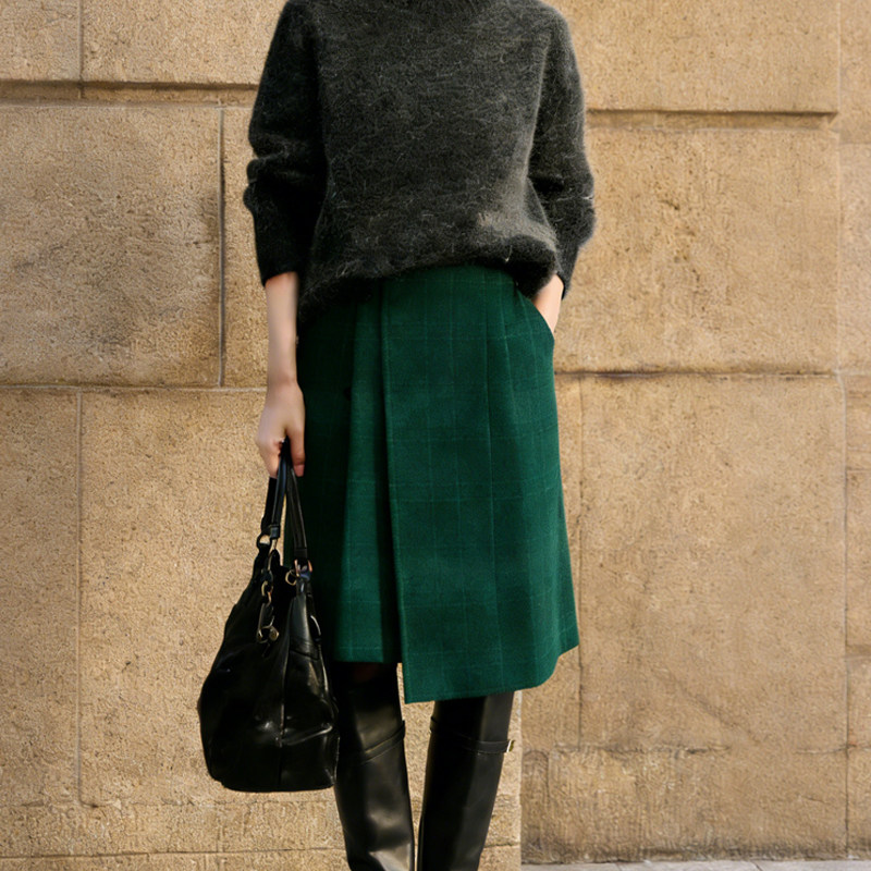 欧货高端定制墨绿色毛呢大码半身裙女2026早春新款细格纹A字裙子,女装/女士精品,大码半身裙,淘宝优惠券,粉丝福利购,淘宝优惠卷