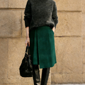 欧货高端定制墨绿色毛呢大码 半身裙女2026早春新款 细格纹A字裙子