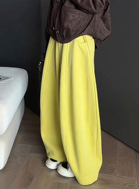 欧货高端定制黄色大码阔腿裤女2025冬季新款加厚慵懒松弛休闲卫裤