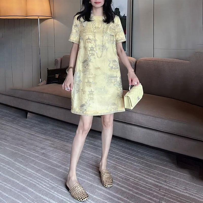 新中式国风黄色大码提花连衣裙女