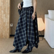 高端定制藏青色格纹大码 半身裙女2026春夏新款 不规则温柔风A字裙
