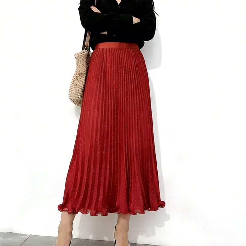 欧货高端定制红色雪纺大码半身裙女2026早春新款细闪涂层A字裙子,女装/女士精品,大码半身裙,淘宝优惠券,粉丝福利购,淘宝优惠卷