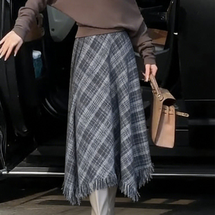 加厚不规则A字裙子 新款 高端定制灰蓝色格纹大码 半身裙女2025冬季