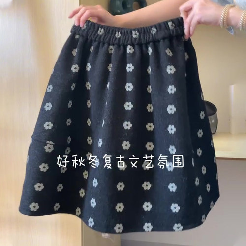 高端定制藏蓝色毛呢碎花半身裙女