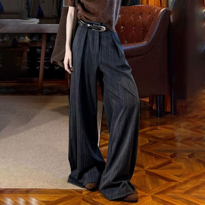 欧货高端大码灰色条纹毛呢西装阔腿裤女2025秋冬新款加厚休闲裤子
