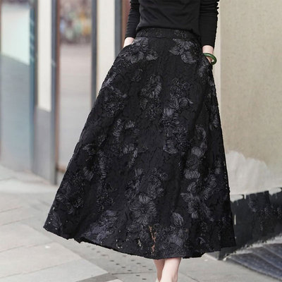 黑色提花蕾丝拼接绝美半身裙