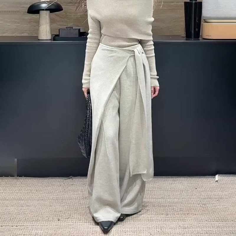 高端定制白灰色毛呢大码系带阔腿裤女2025冬季新款加厚慵懒休闲裤,女装/女士精品,大码裤装,淘宝优惠券,粉丝福利购,淘宝优惠卷