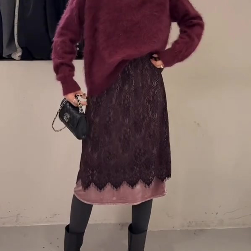 高端定制树莓色蕾丝大码半身裙女