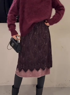 欧货高端定制树莓色蕾丝大码半身裙女2025冬季新款加厚轻奢A字裙