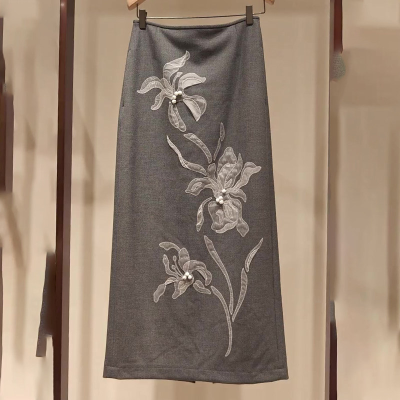 欧货高端灰色大码高腰开叉半身裙2025秋冬新款轻奢花卉印花定制裙,女装/女士精品,大码半身裙,淘宝优惠券,粉丝福利购,淘宝优惠卷