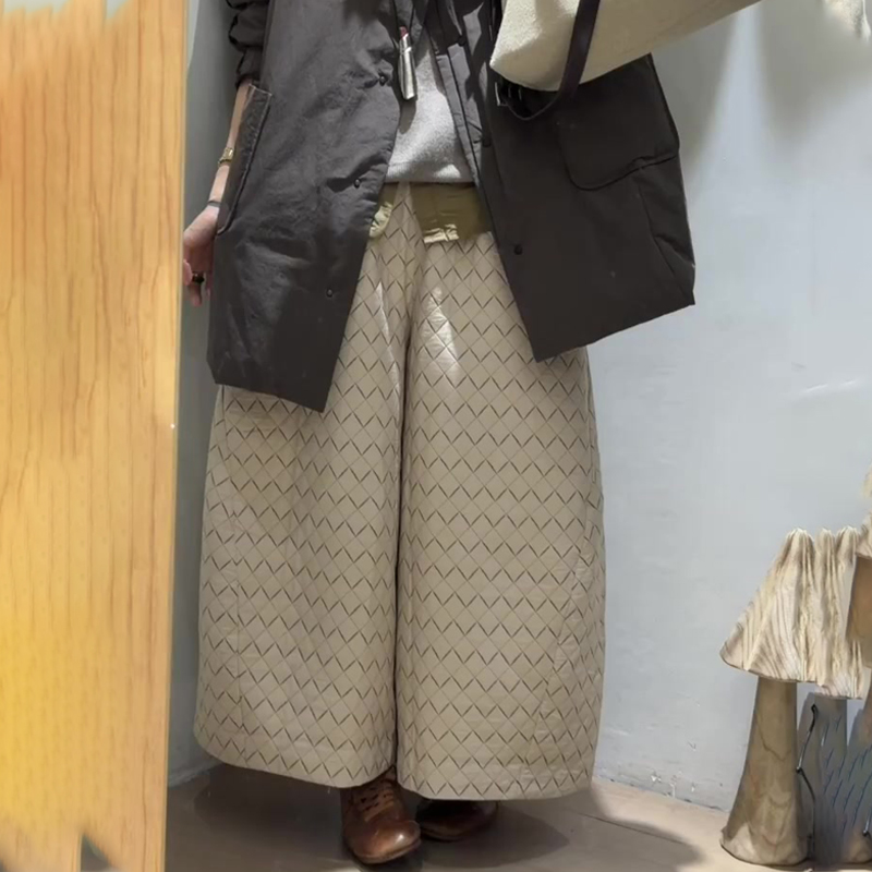 欧货高端定制杏色格纹大码阔腿裤