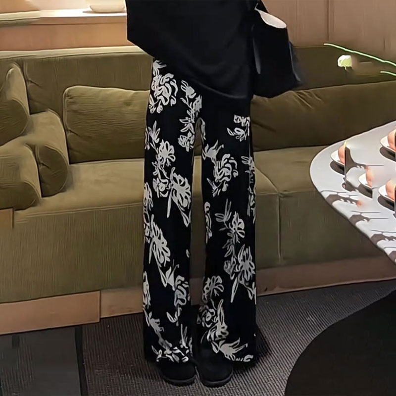 定制黑色复古碎花大码阔腿裤女