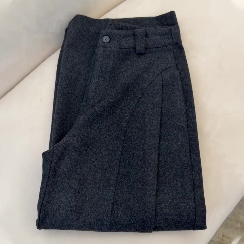 欧货高端定制深灰色毛呢阔腿裤女