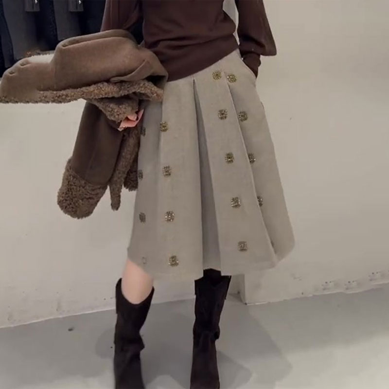 高端定制卡其色烫钻大码半身裙女