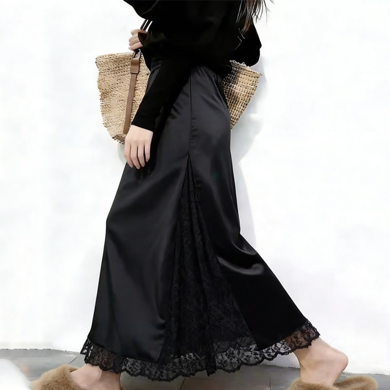 欧货高端定制黑色缎面大码半身裙女2026早春新款蕾丝拼接A字裙子,女装/女士精品,大码半身裙,淘宝优惠券,粉丝福利购,淘宝优惠卷