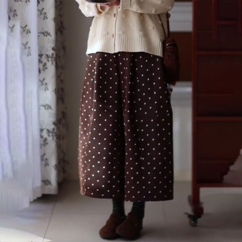 高端定制棕色波点大码阔腿裤女