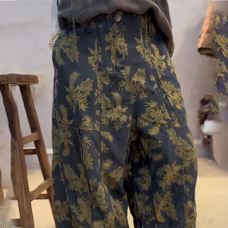 欧货大牌黑色复古印花设计感长裤