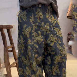 百搭棉麻阔腿裤 新款 女2025年秋季 欧货大牌黑色复古印花设计感长裤