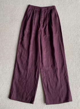 高端定制紫色宽松亚麻裤2025年夏季新品女慵懒休闲风通勤百搭长裤