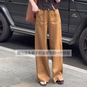 松弛慵懒百搭风阔腿裤 新款 女2026春季 金棕色高腰抽绳休闲风亚麻裤