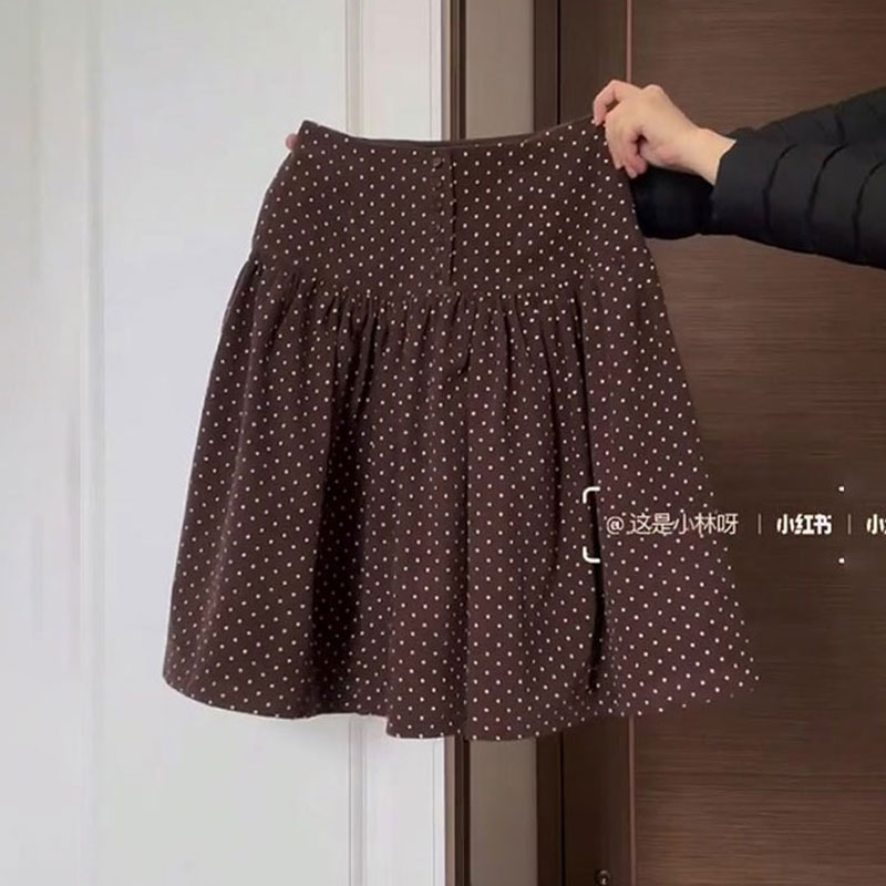 定制棕色灯芯绒波点大码半身裙女