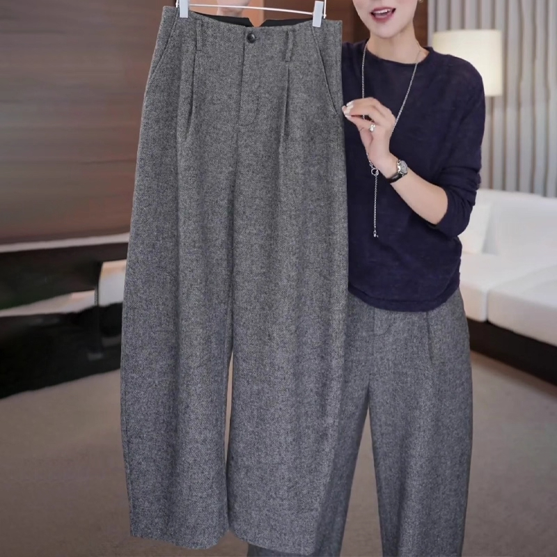欧货高端定制灰色大码阔腿卫裤女