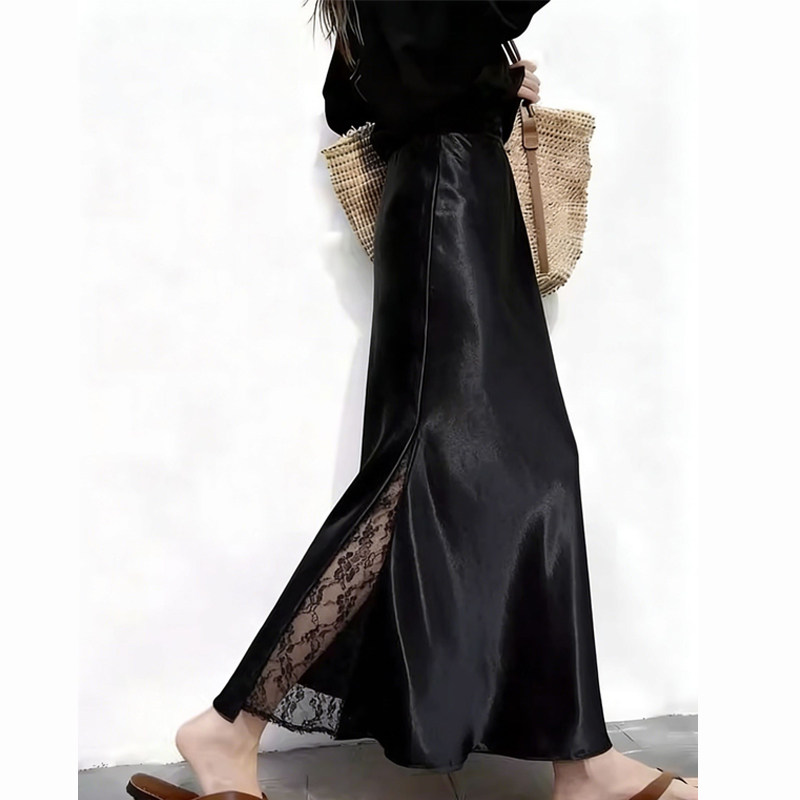 欧货高端定制黑色缎面大码半身裙女2026早春新款蕾丝拼接A字裙子,女装/女士精品,大码半身裙,淘宝优惠券,粉丝福利购,淘宝优惠卷