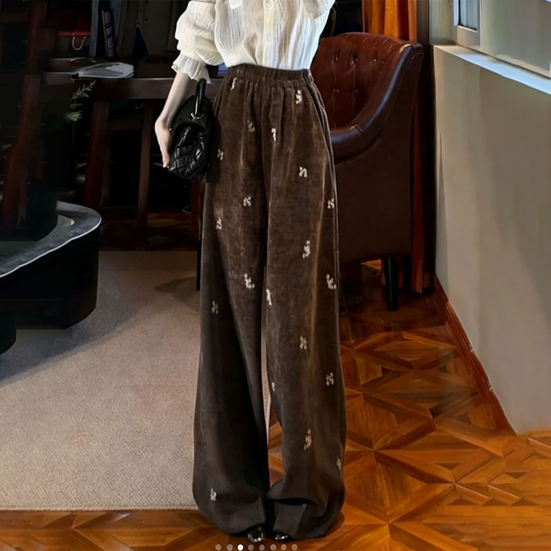 定制棕色灯芯绒碎花大码阔腿裤女