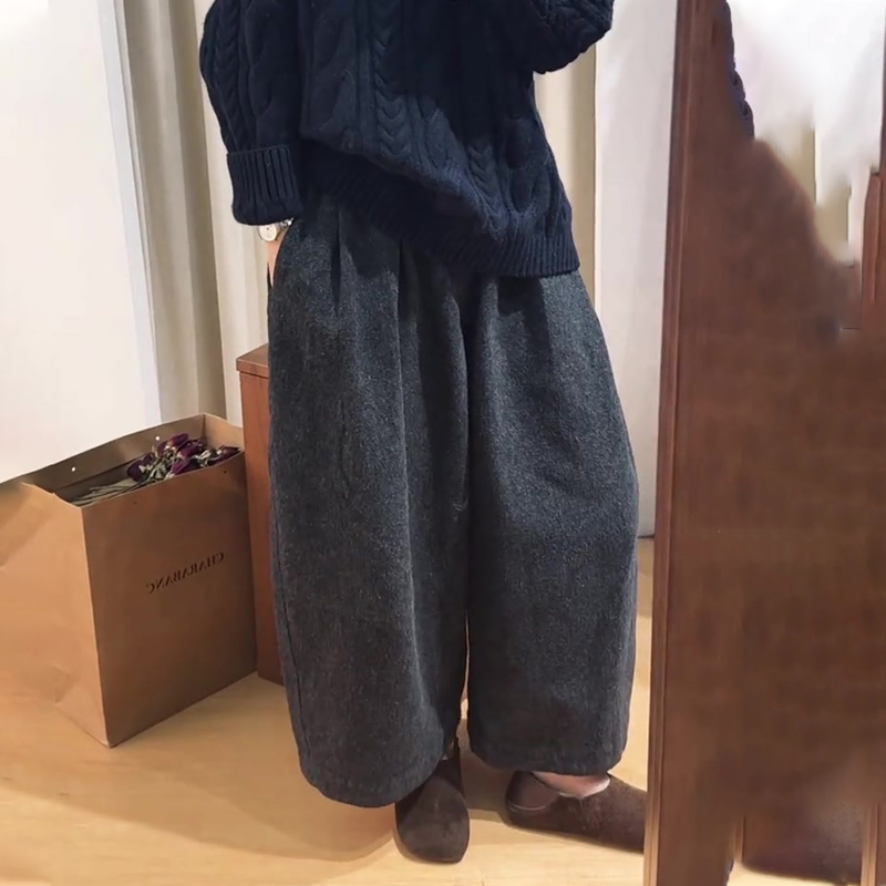 欧货高端定制深灰色毛呢阔腿裤女