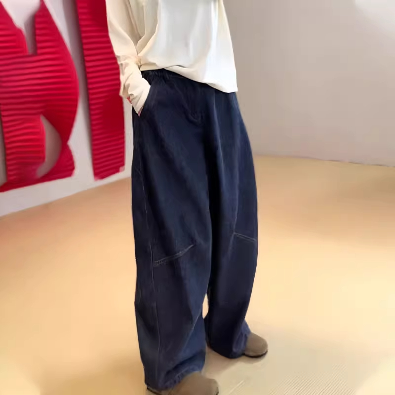 高端定制藏蓝色大码宽松阔腿裤女