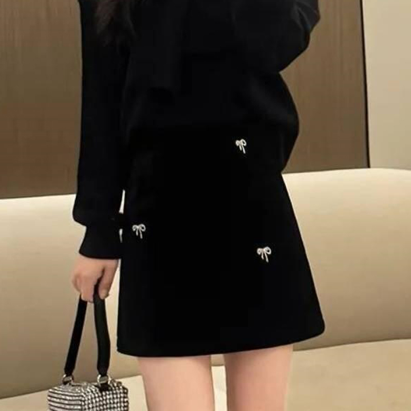高端定制黑色蝴蝶结丝绒半身裙女